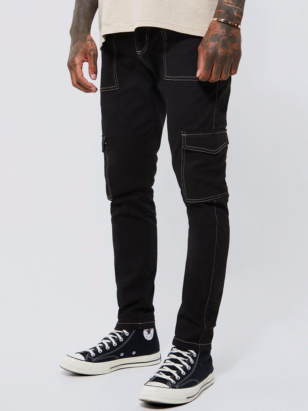 boohooman men skinny fit contrast stitch cargos