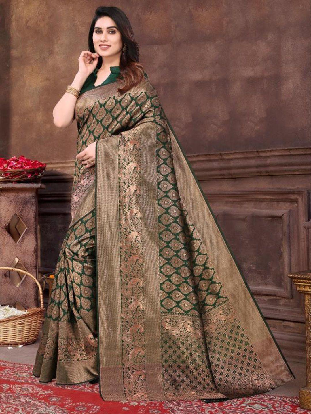 fab viva green & gold-toned ethnic motifs zari silk blend designer banarasi saree