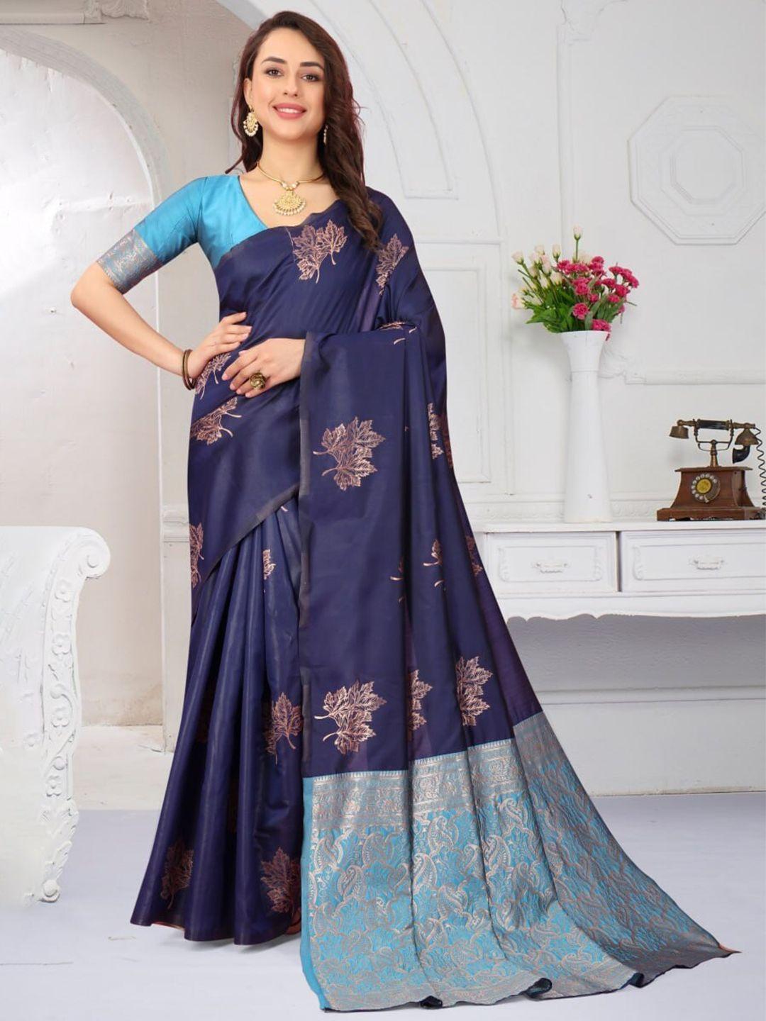 fab viva navy blue & gold-toned woven design zari silk blend banarasi saree