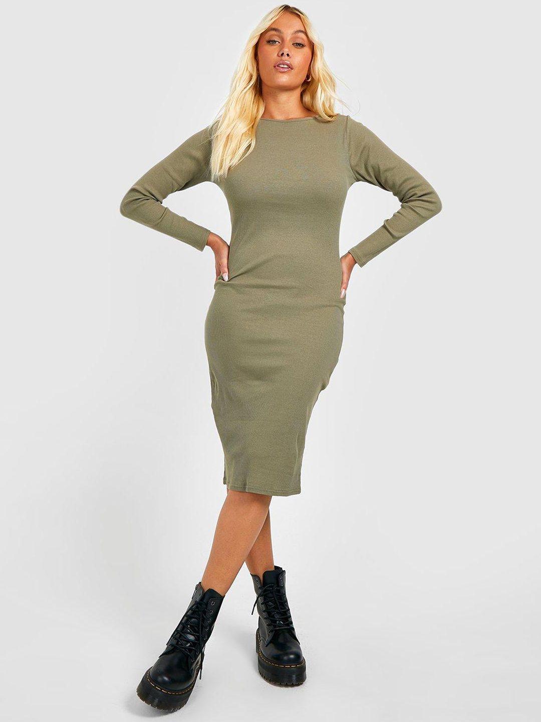 boohoo pure cotton ribbed midi bodycon dress