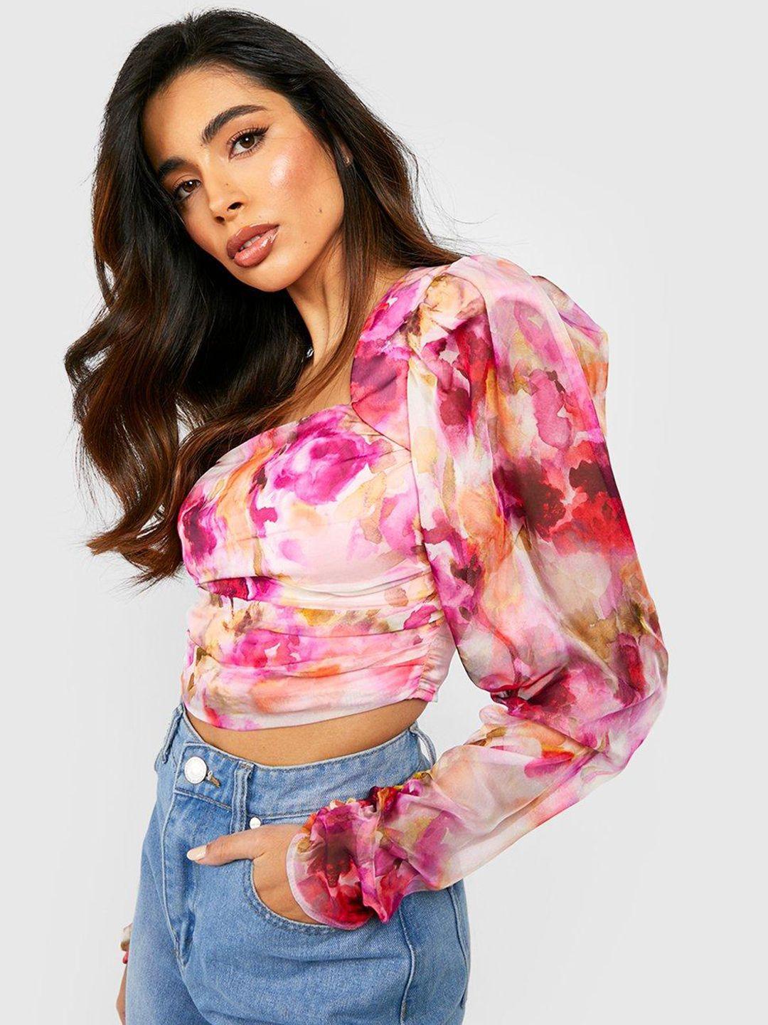 boohoo floral print puff sleeve crop top