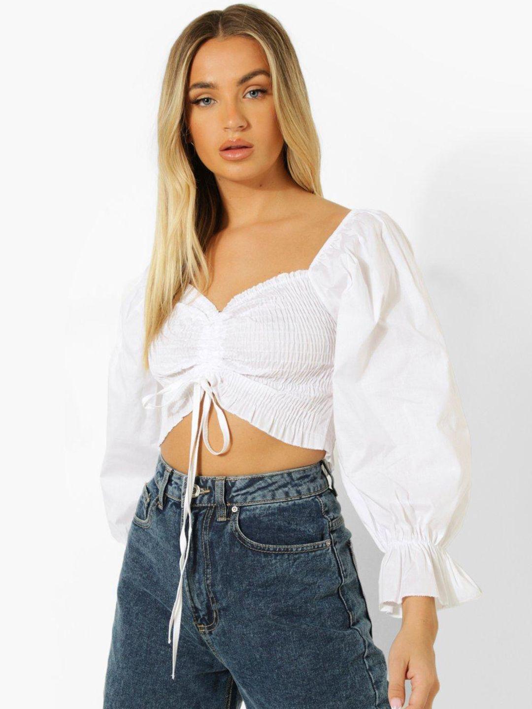 boohoo sweetheart neck puff sleeve ruched smocked detail crop top