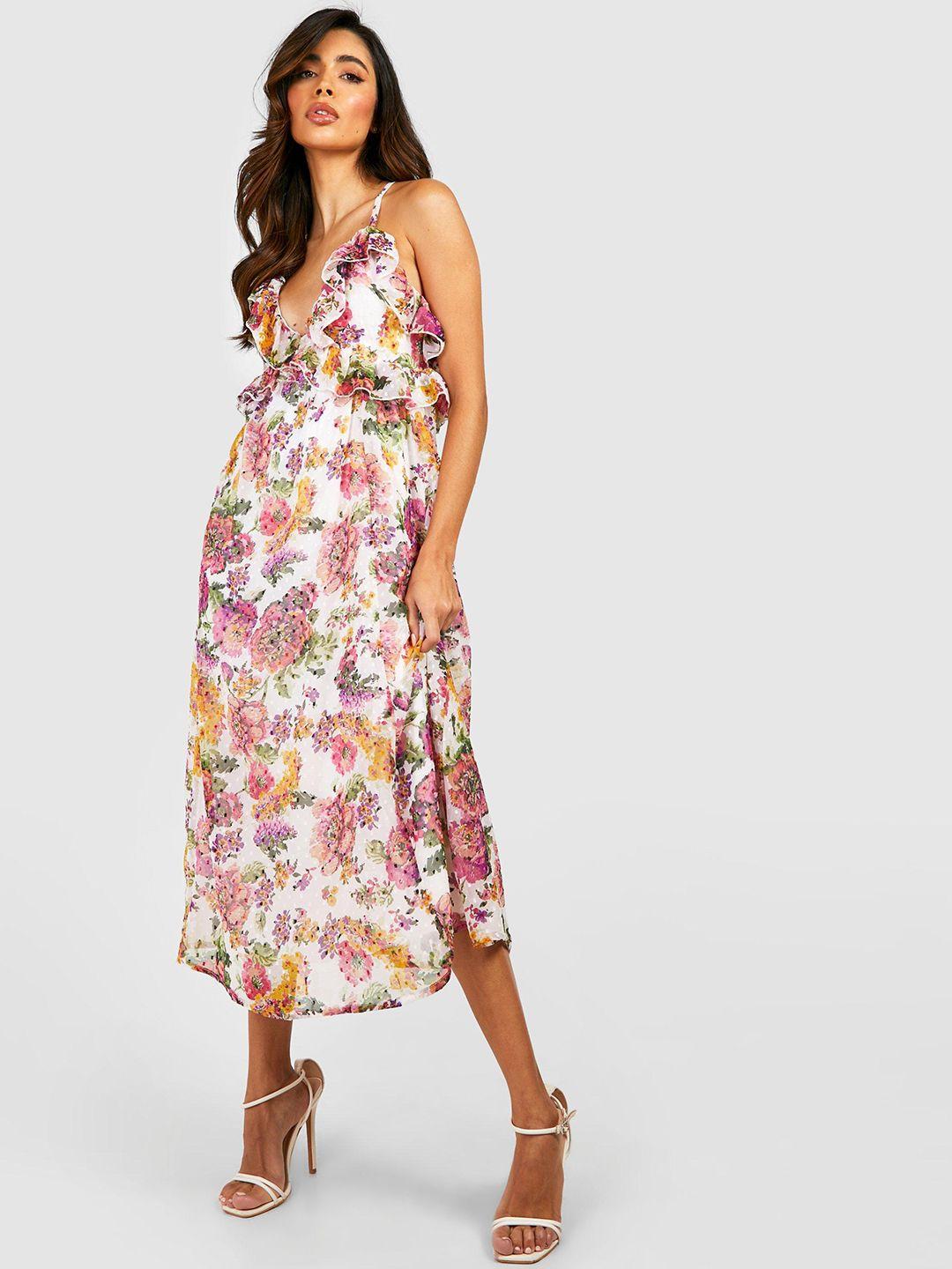 boohoo chiffon floral print ruffled midi slip dress