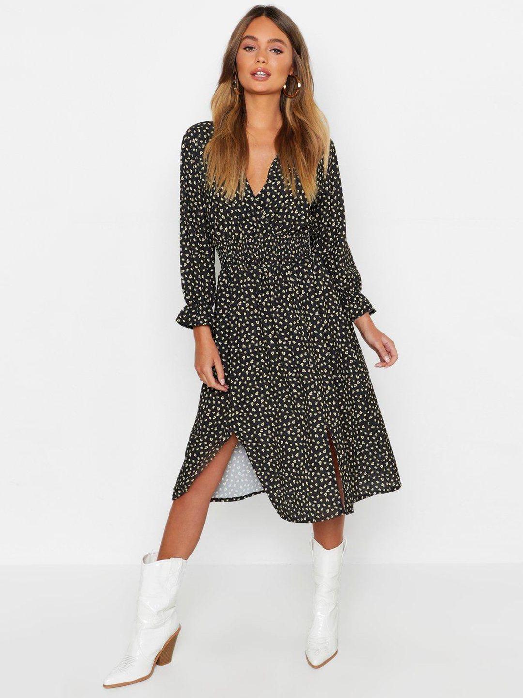 boohoo ditsy floral print puff sleeves split front midi a-line dress