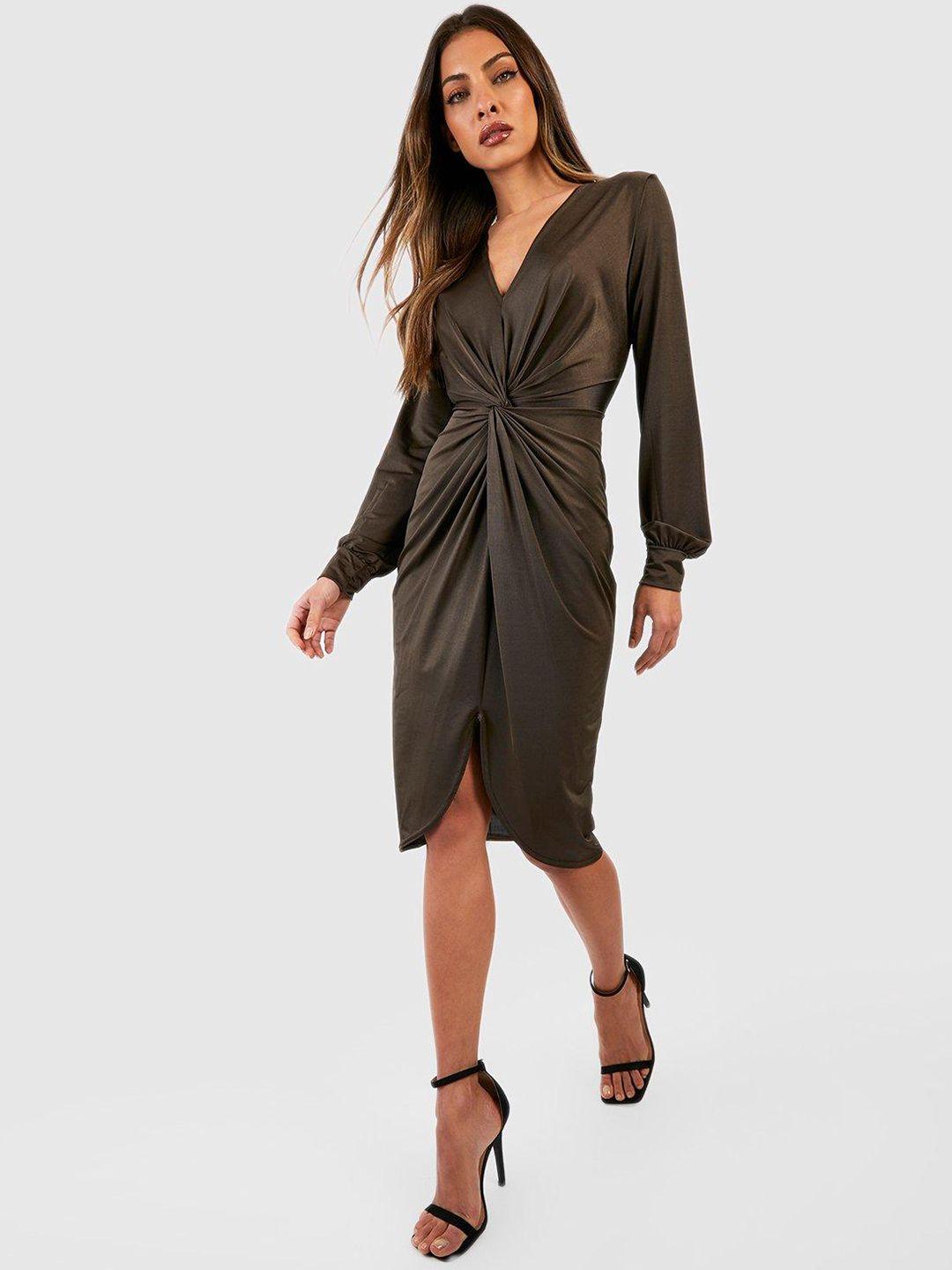 boohoo twisted front plunge neck sheath midi dress