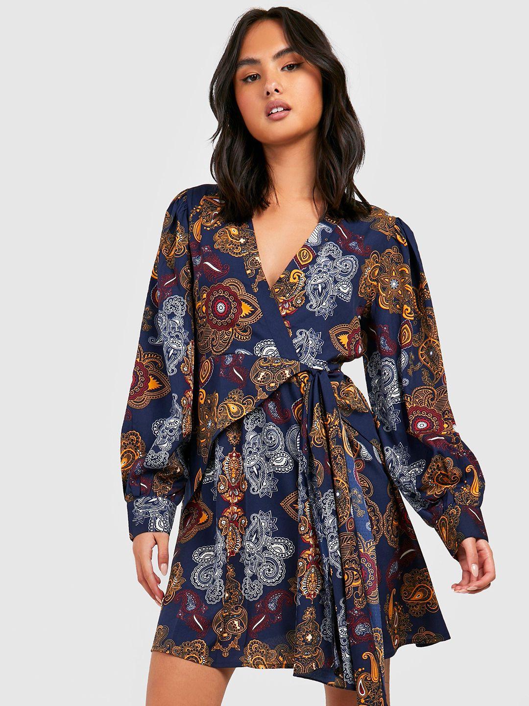 boohoo ethnic motifs print puff sleeves mini wrap dress