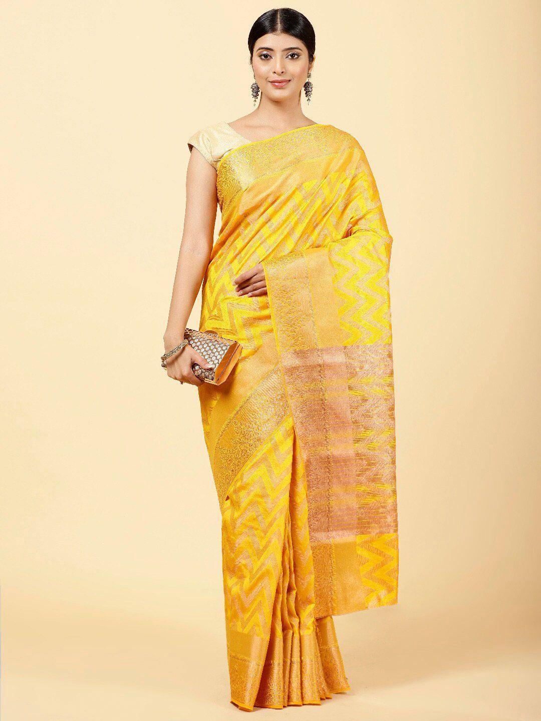 meena bazaar geometric woven design printed art silk saree