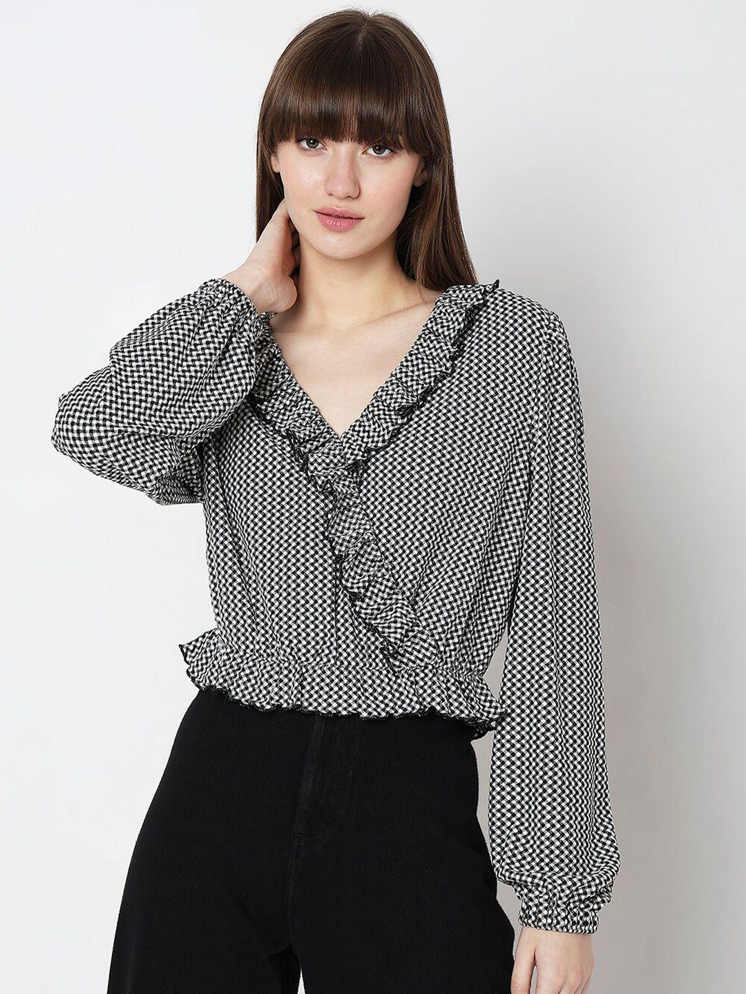 vero moda geometric printed puffed sleeves ruffled top