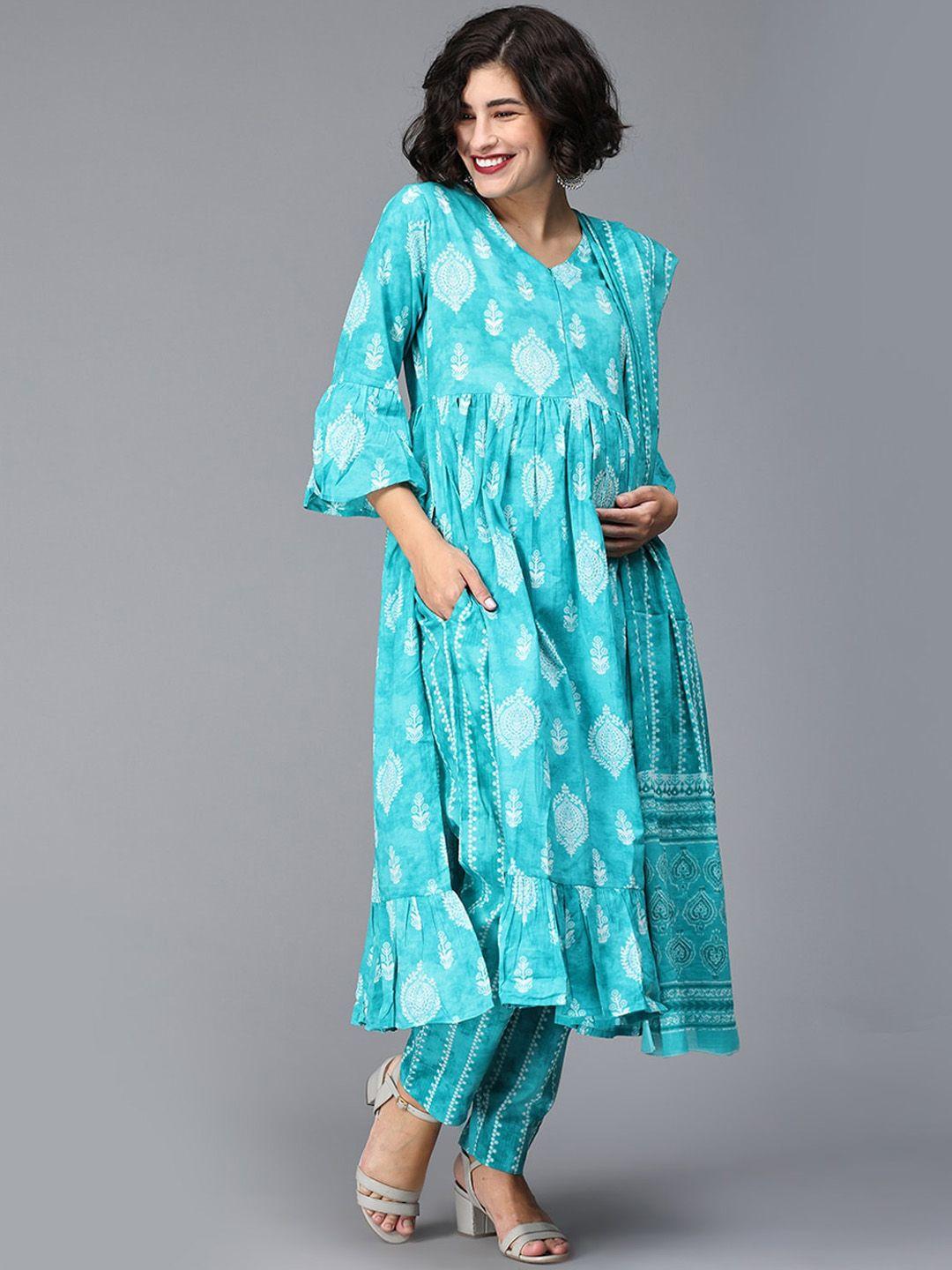 the mom store ethnic motifs printed empire a-line pure cotton maternity kurta set