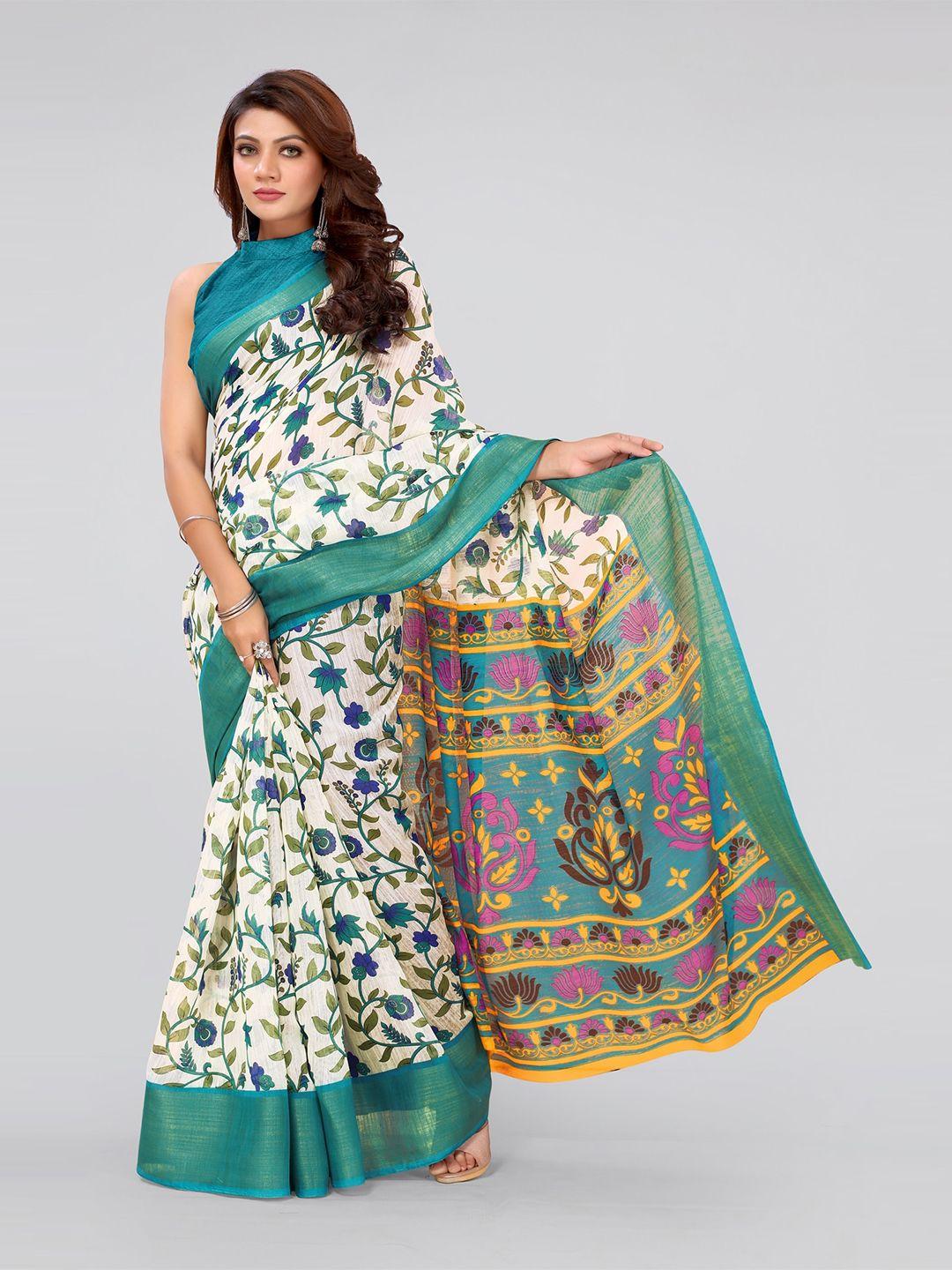 mirchi fashion white & teal floral printed zari saree