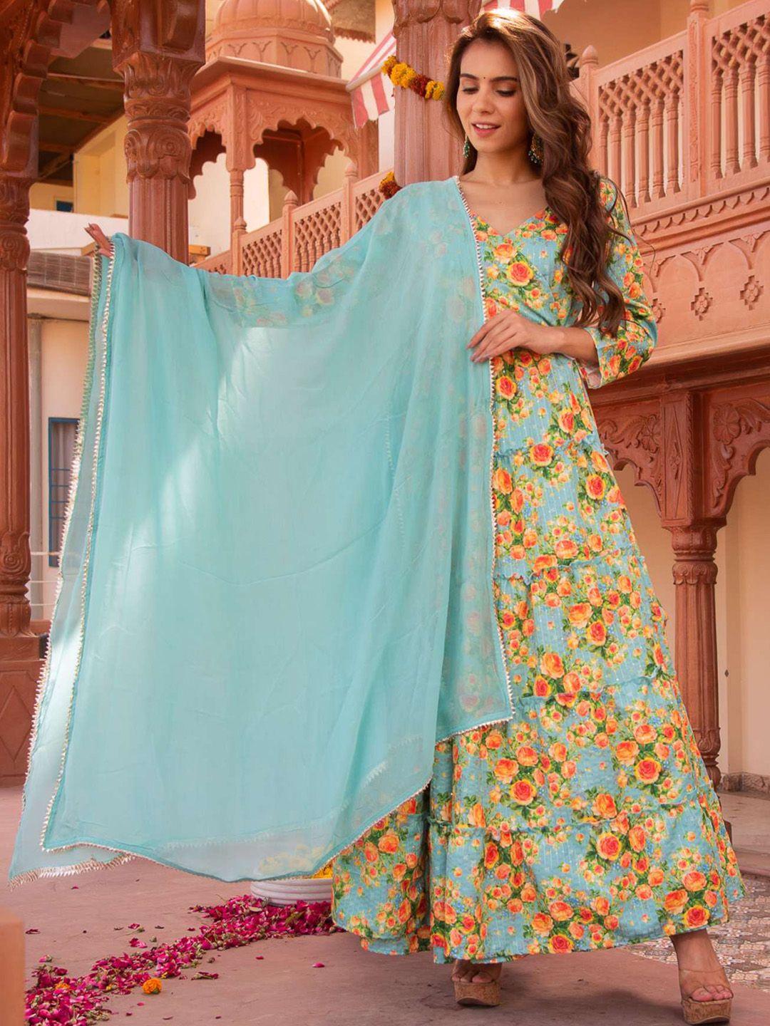 calmna floral printed angrakha kurta & trousers with dupatta