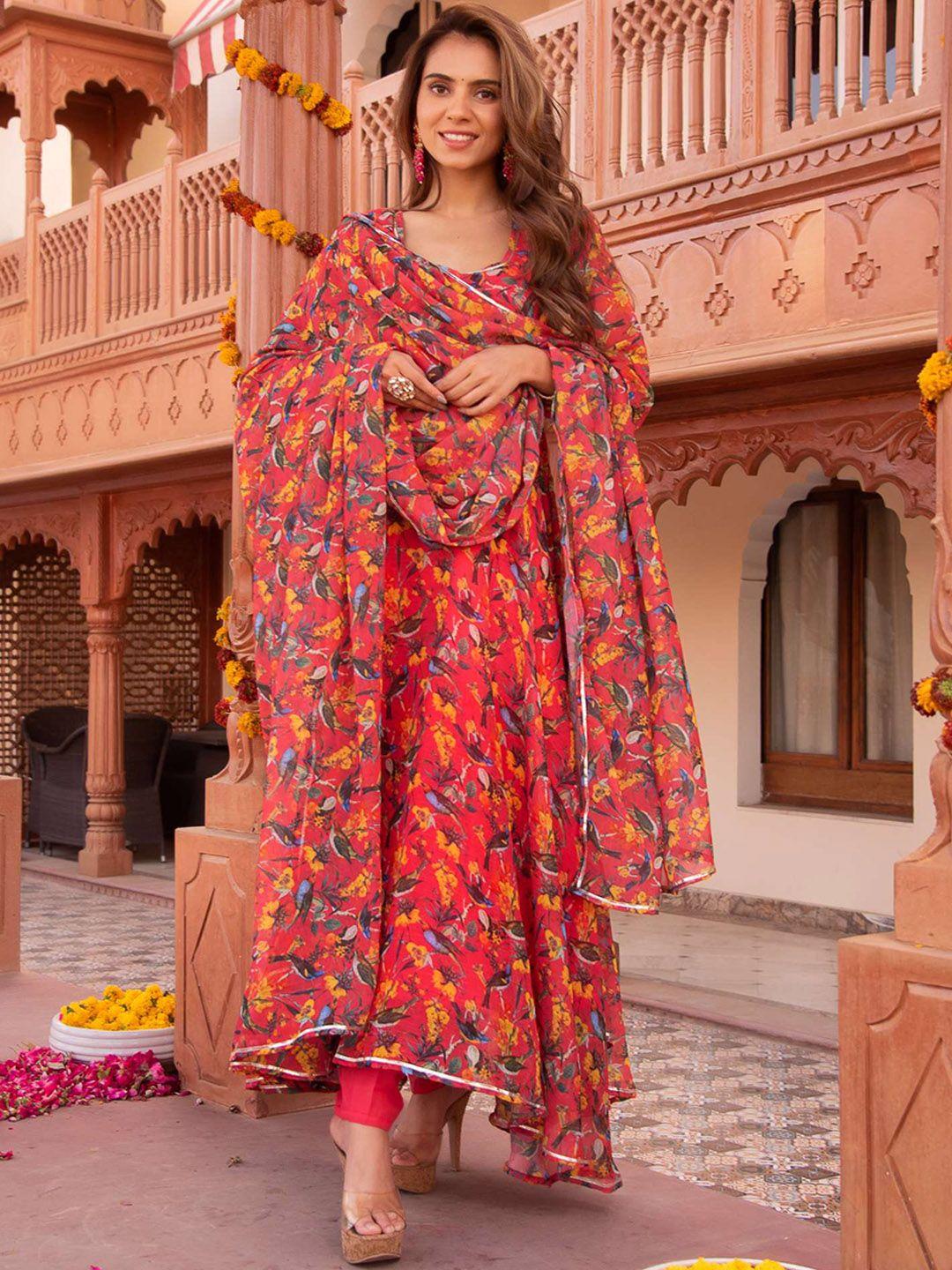 calmna abstract printed anarkali kurta & trousers with dupatta