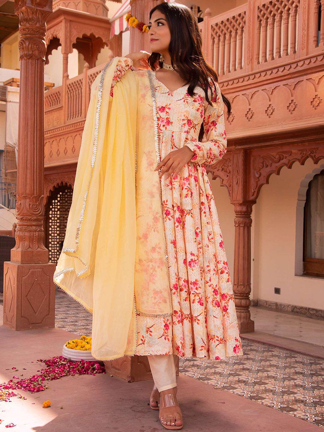 calmna floral printed anarkali kurta & trousers with dupatta