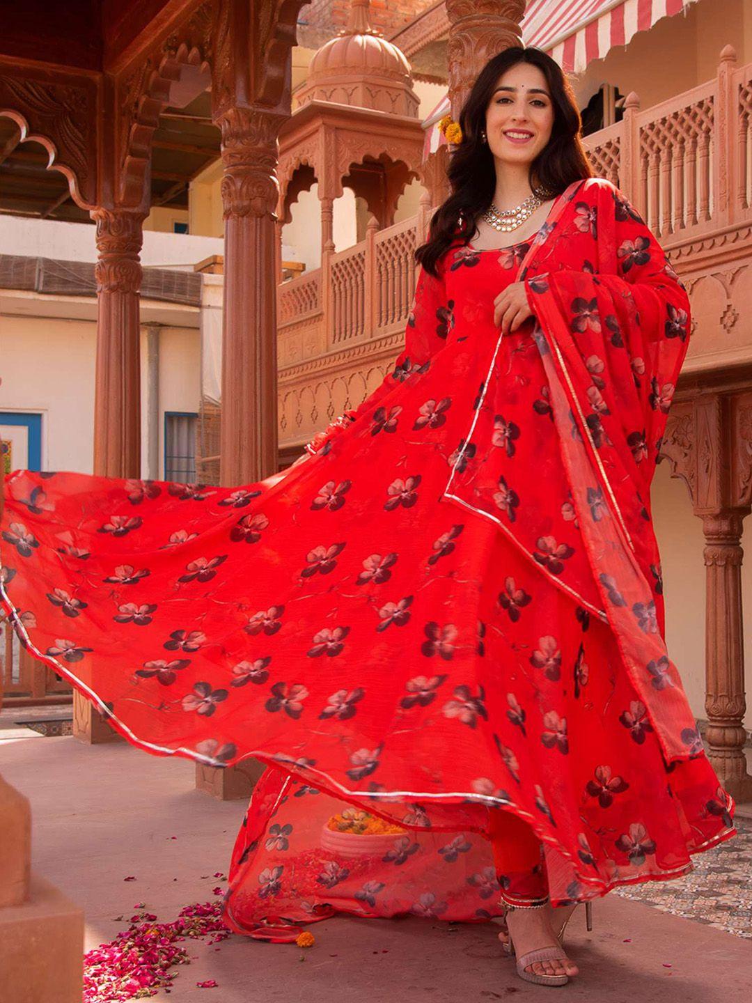 calmna women floral printed empire anarkali kurta with trousers & with dupatta