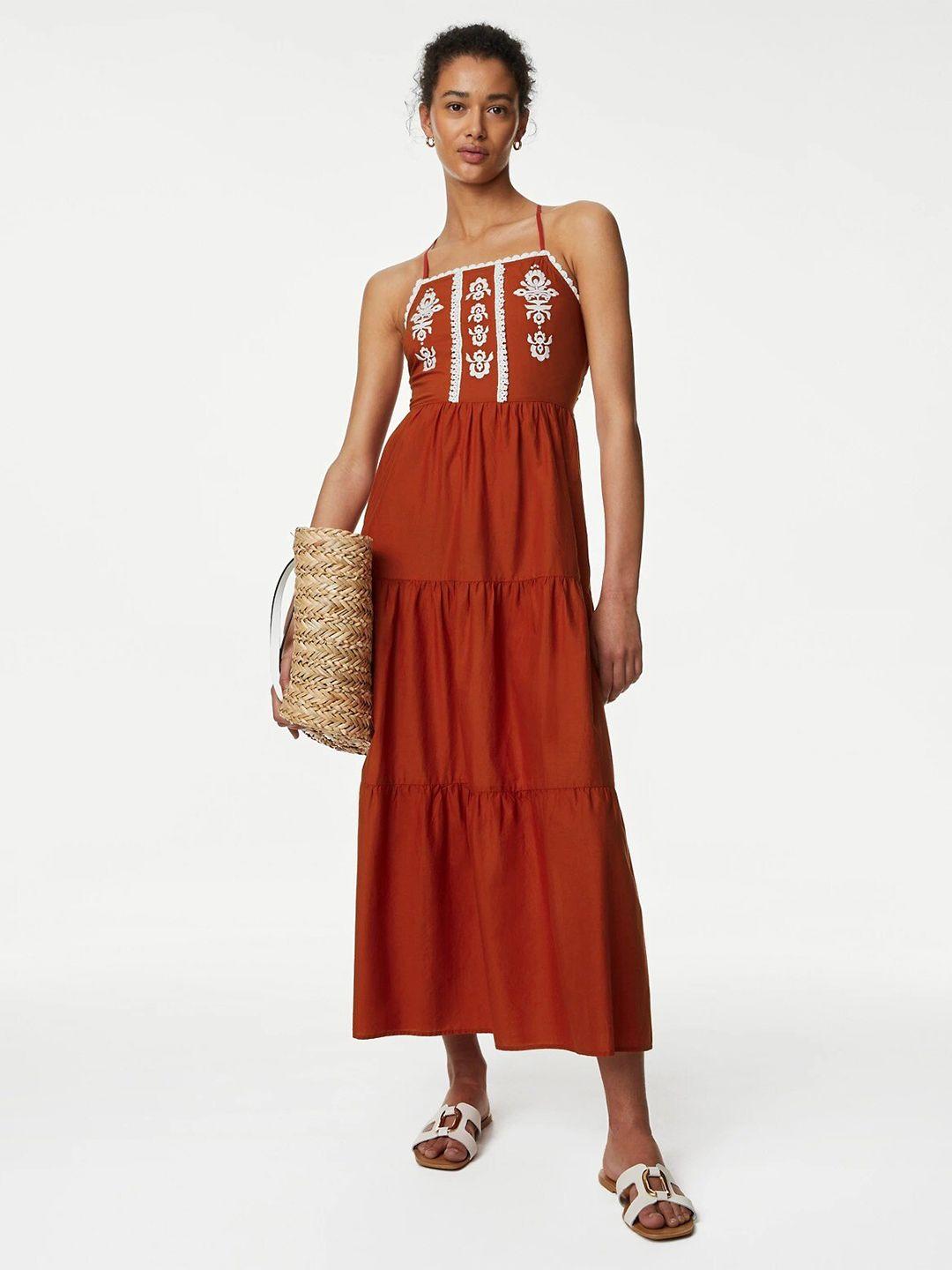 marks & spencer ethnic motifs printed tiered shoulder straps pure cotton midi dress