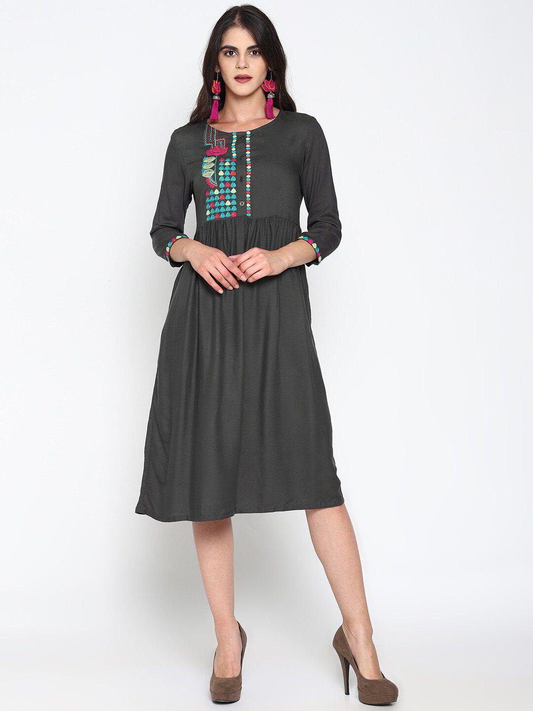 untung ethnic motif embroidered cotton a-line midi dress