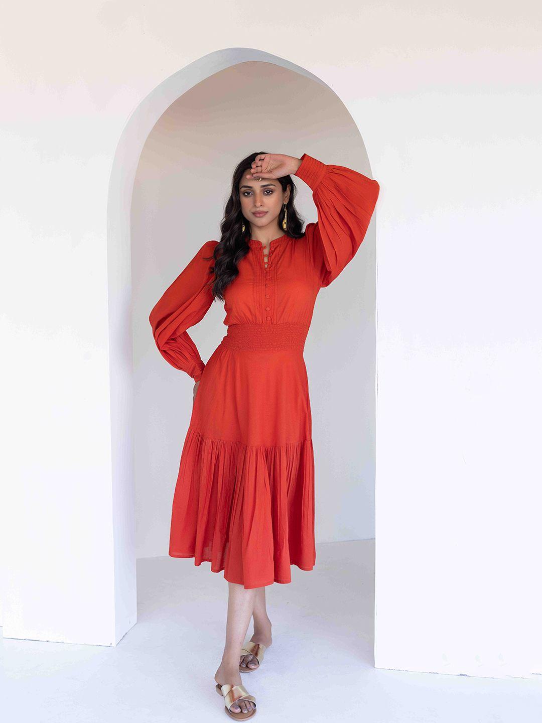 ragavi mandarin collar puff sleeves fit & flare cotton midi dress