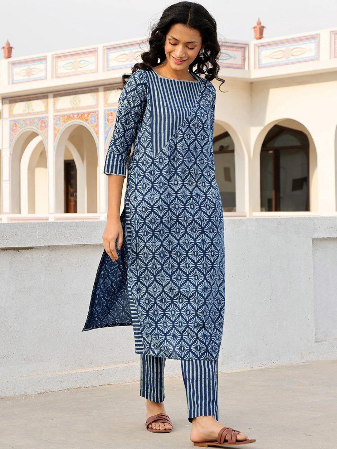 okhai women blue geometric printed gotta patti summer sheers kurta