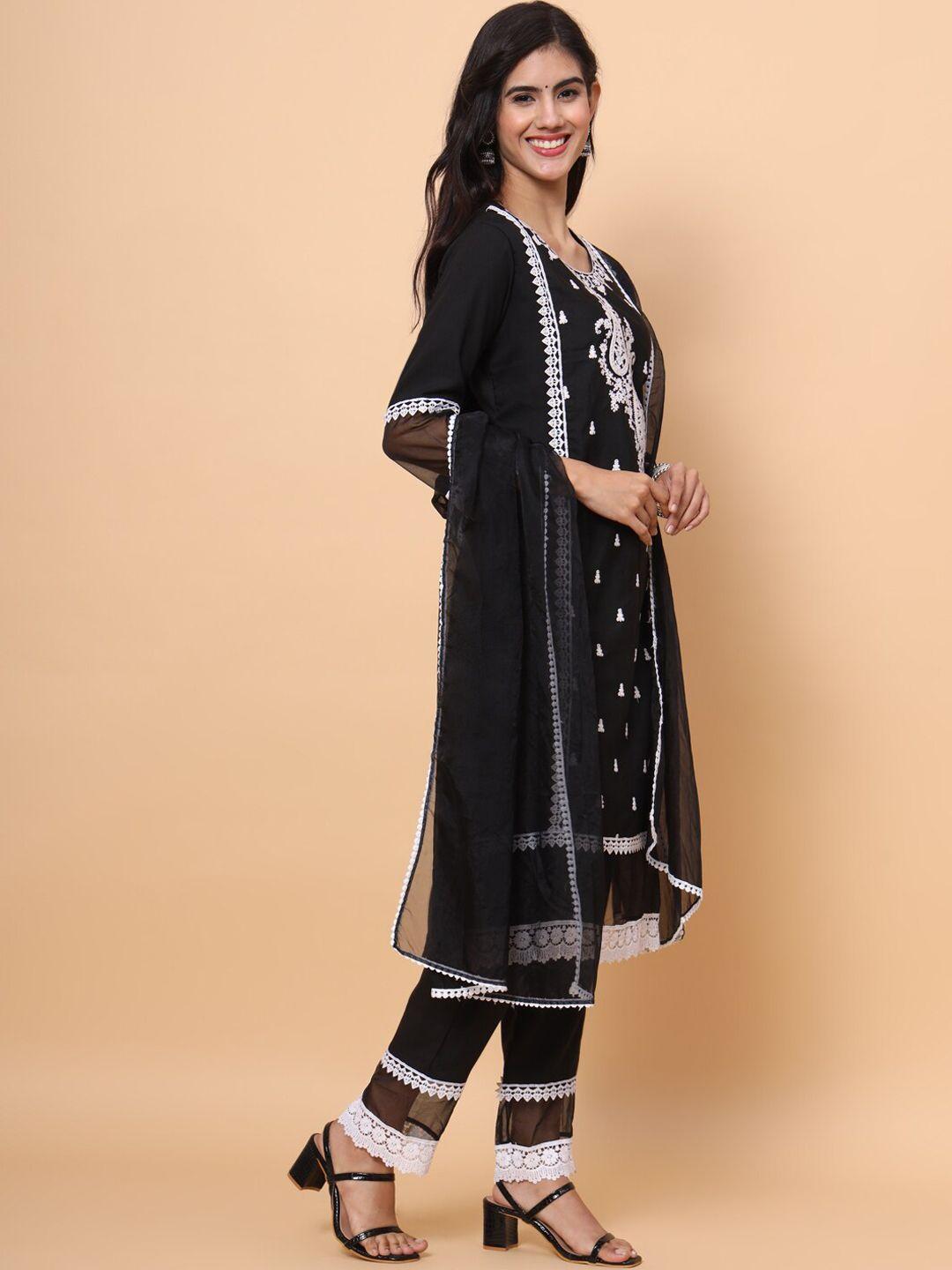 swagg india paisley embroidered thread work chanderi silk kurta with trousers & dupatta