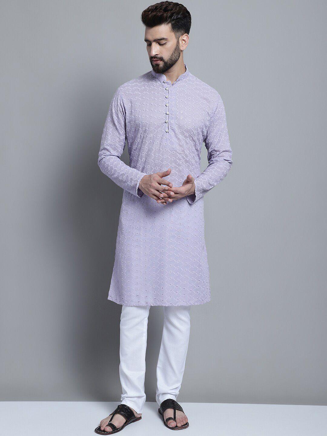 treemoda floral embroidered mandarin collar pure cotton straight kurta with pyjamas