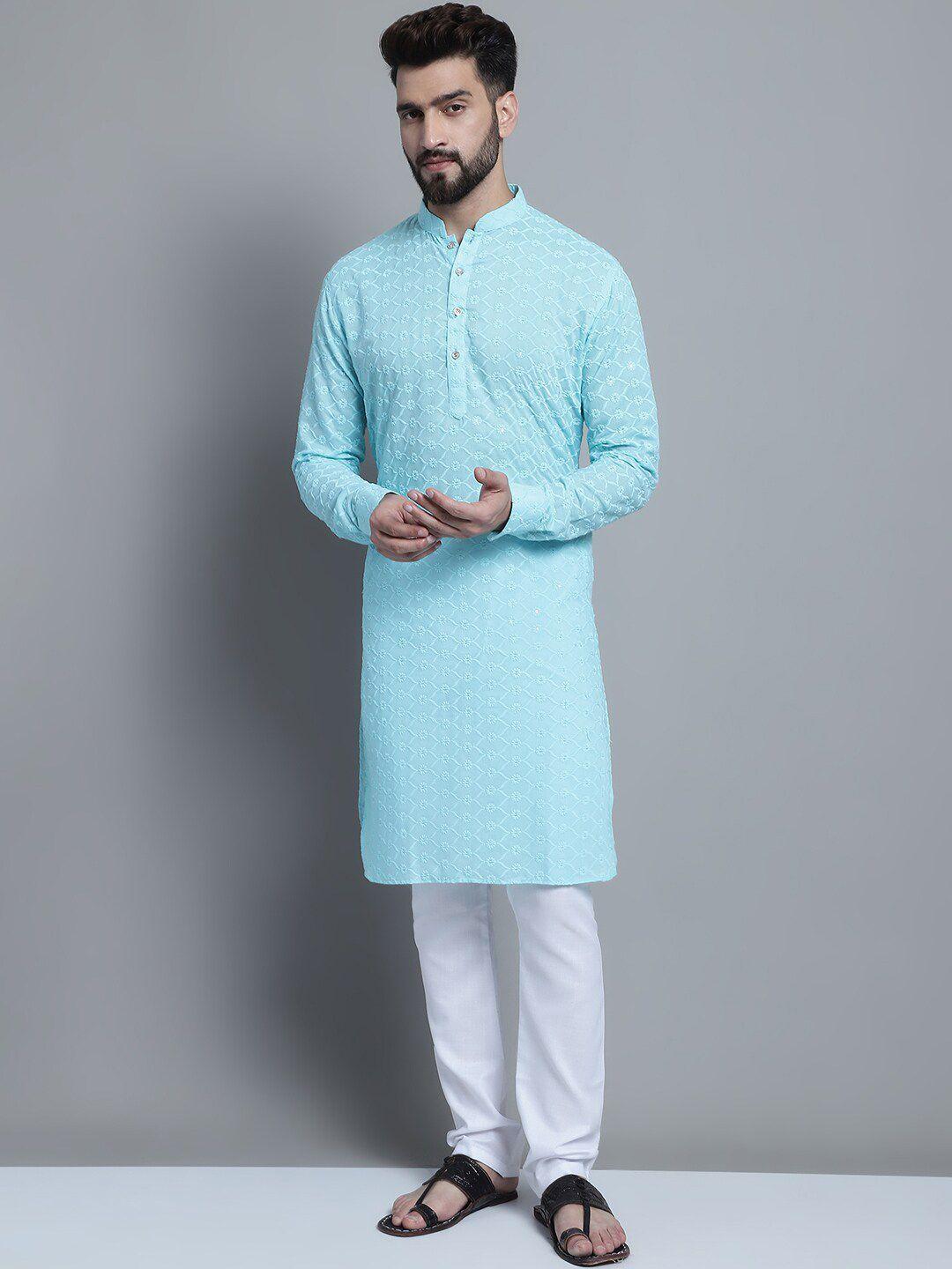 treemoda floral embroidered mandarin collar pure cotton straight kurta with pyjamas