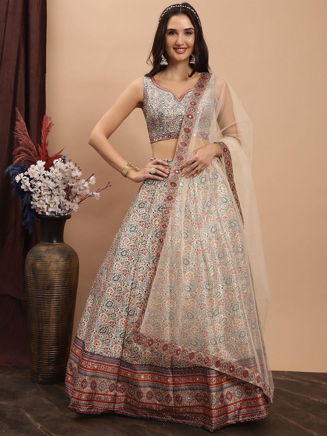 grancy printed mirror work ready to wear lehenga & blouse with dupatta