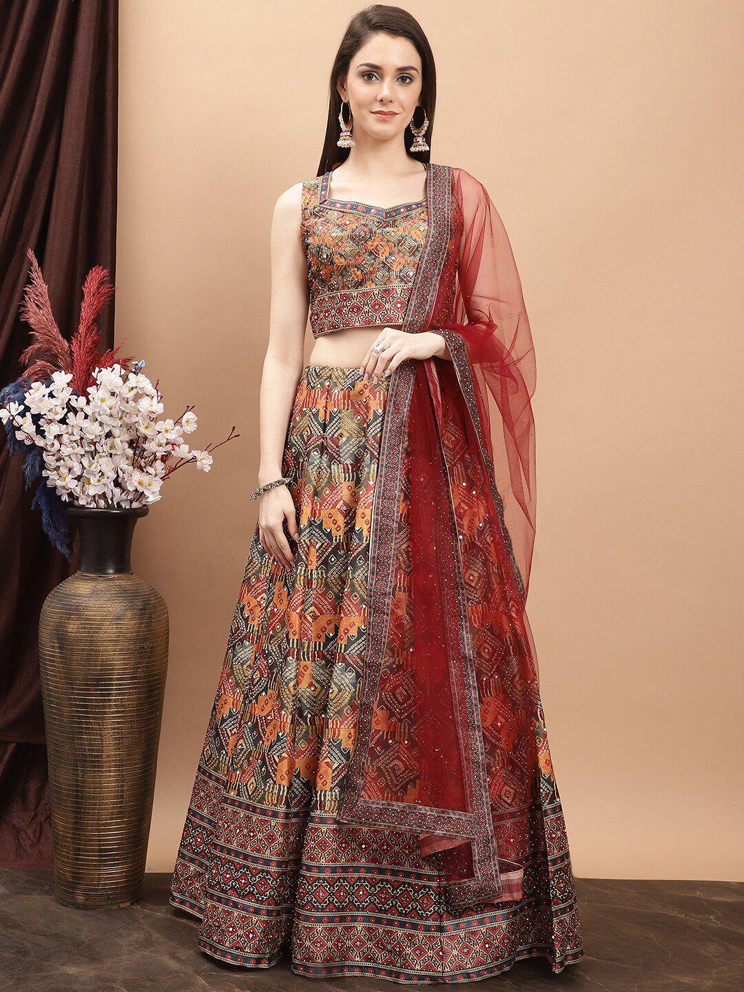 grancy printed mirror work ready to wear lehenga & blouse with dupatta