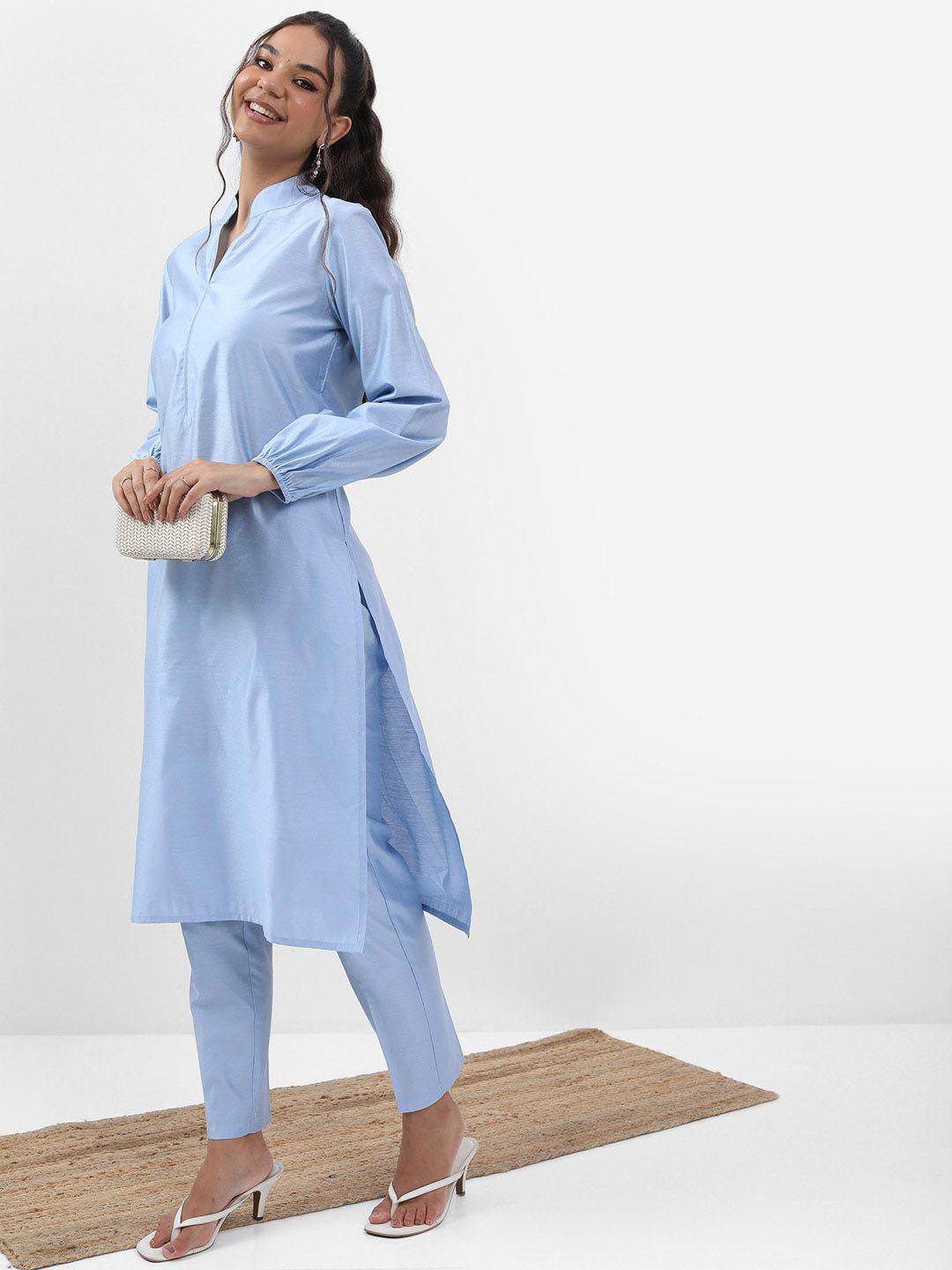 vishudh blue straight regular kurta with trousers