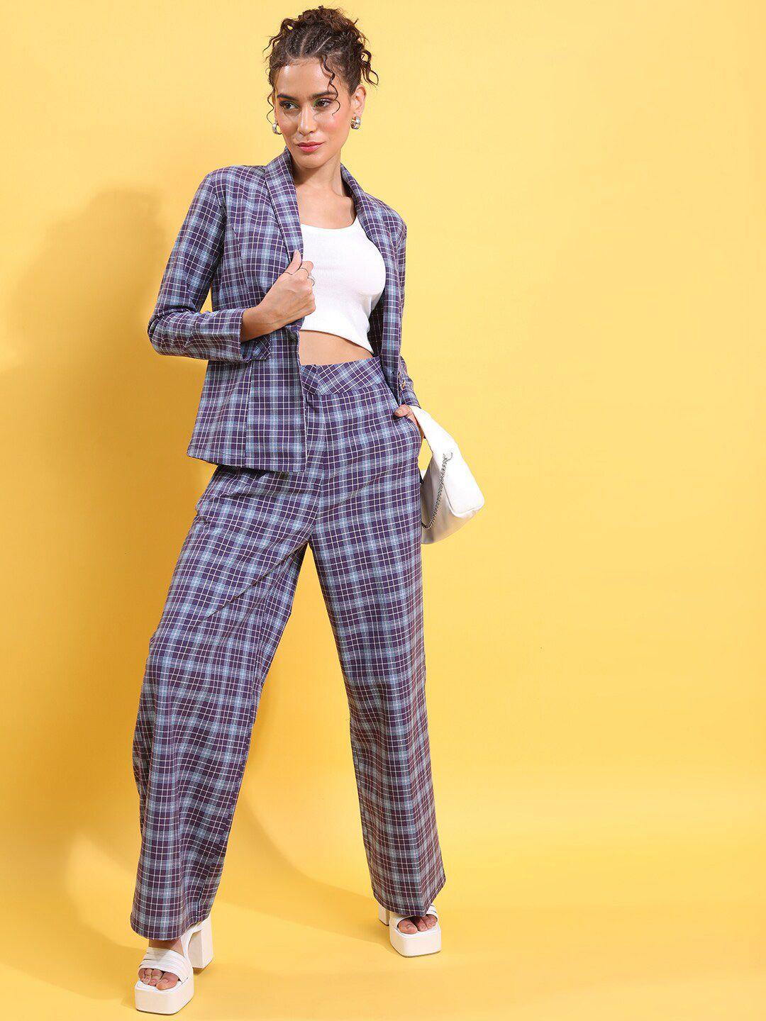 tokyo talkies navy blue checks coat with trousers