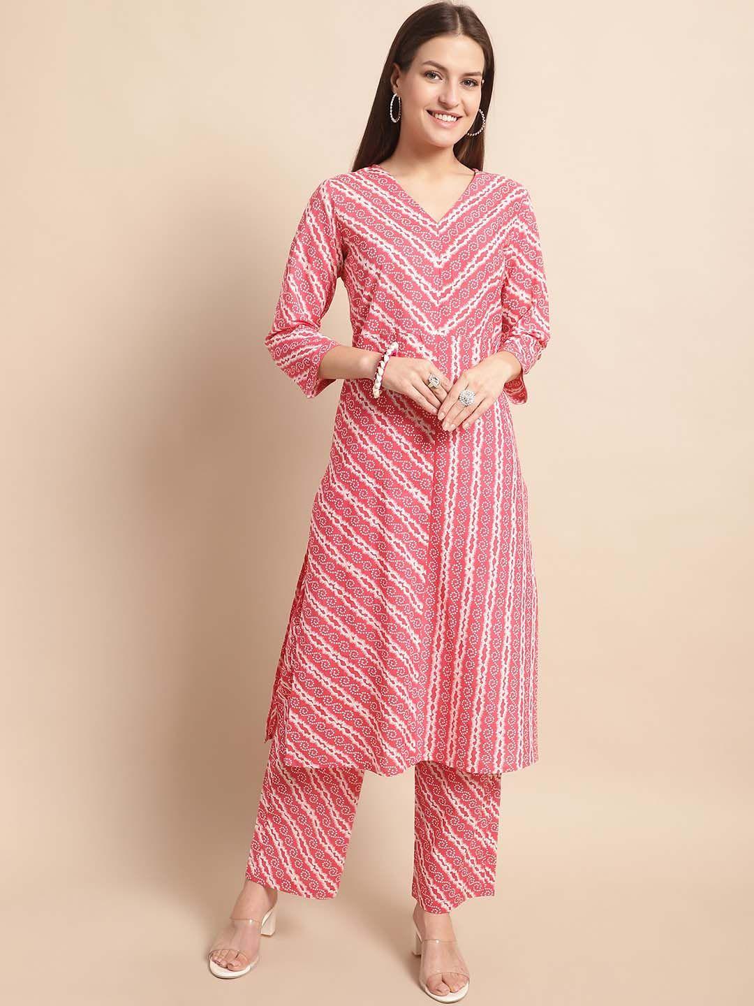 kalini bandhani printed v neck regular pure cotton straight pastel kurta with palazzos