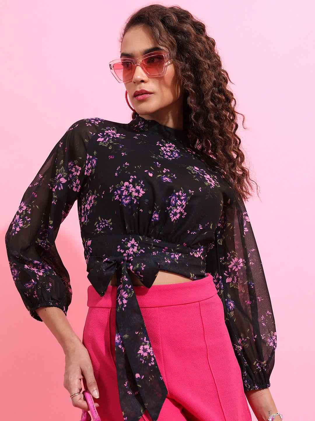 ketch floral printed high neck waist tie-ups blouson crop top