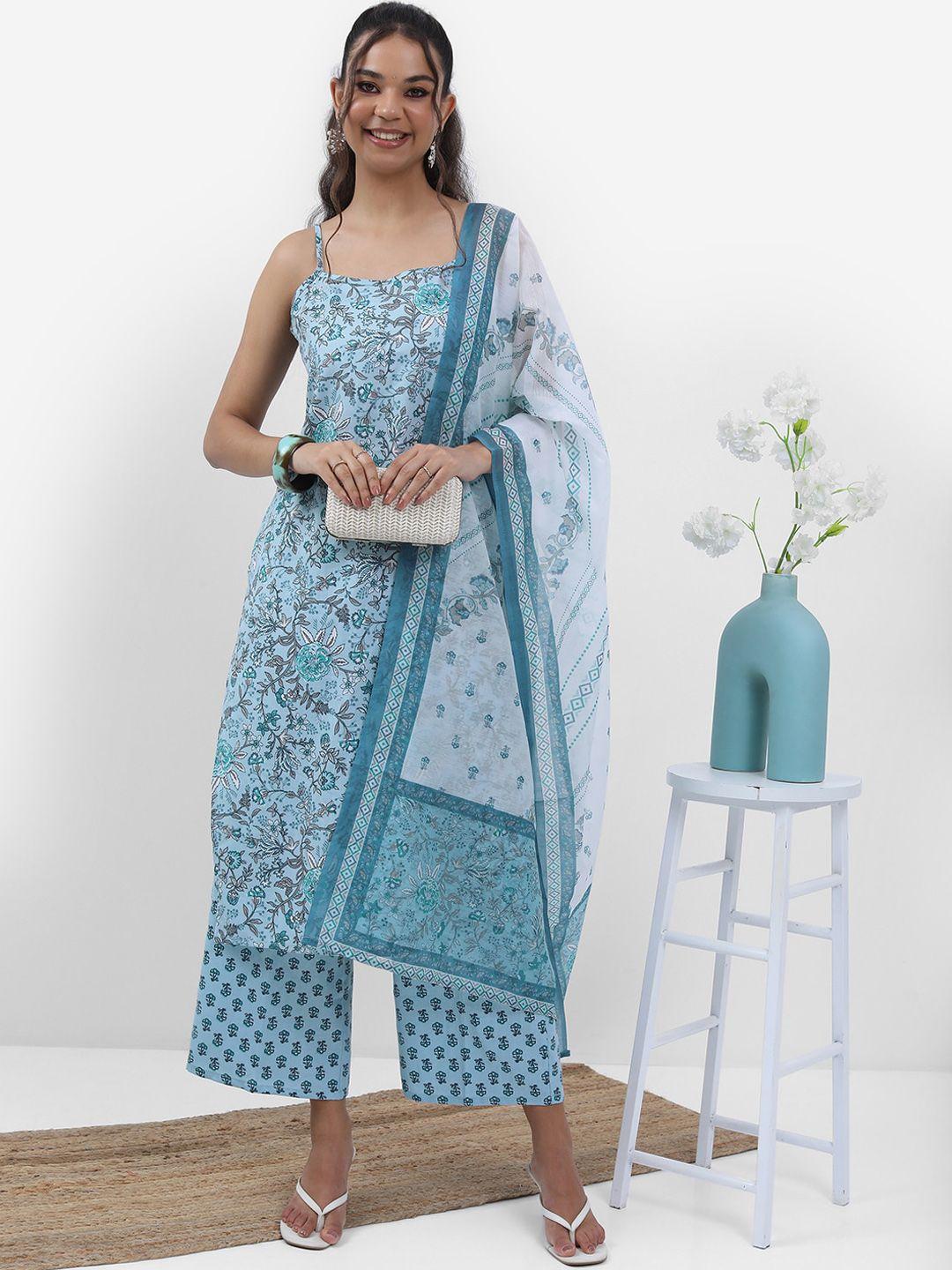 ketch turquoise blue & grey ethnic printed kurta with palazzos & with dupatta