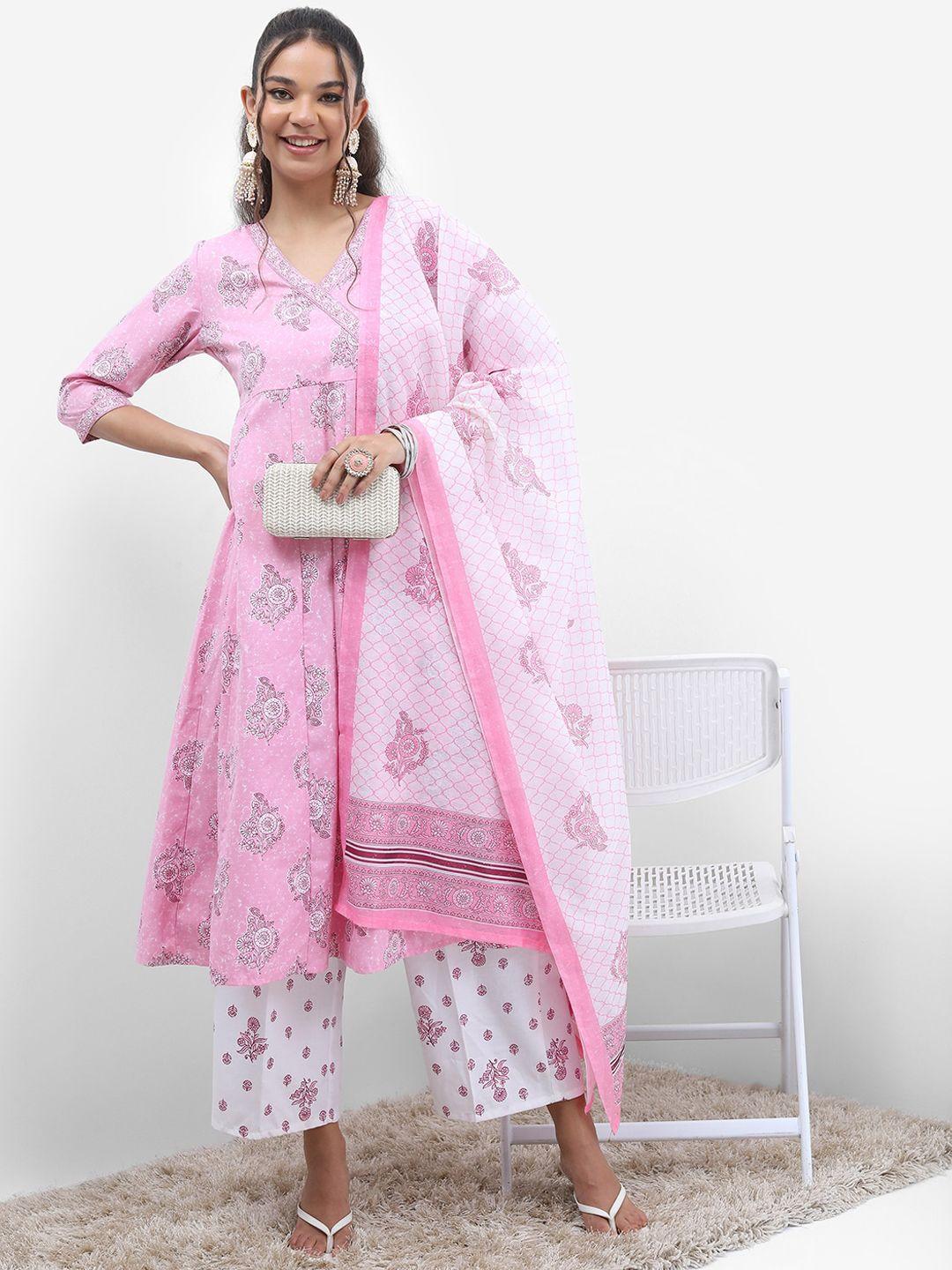 ketch pink & white floral printed regular anarkali kurta with palazzos & with dupatta