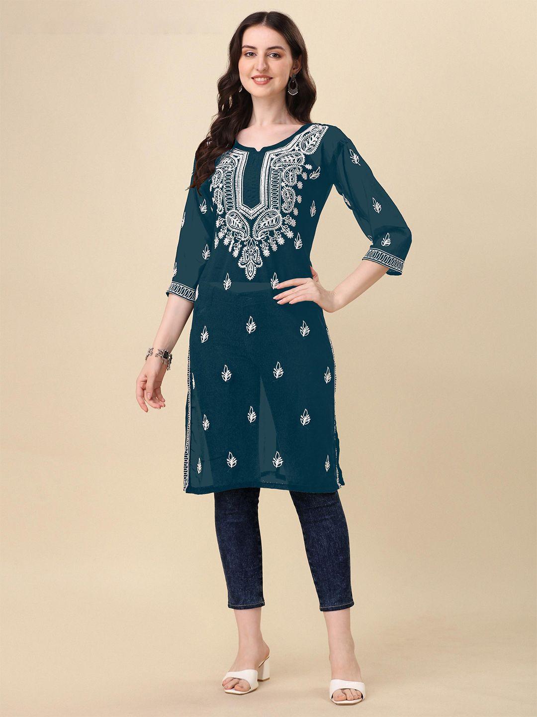 fabfairy ethnic motifs chikankari embroidered georgette straight kurta