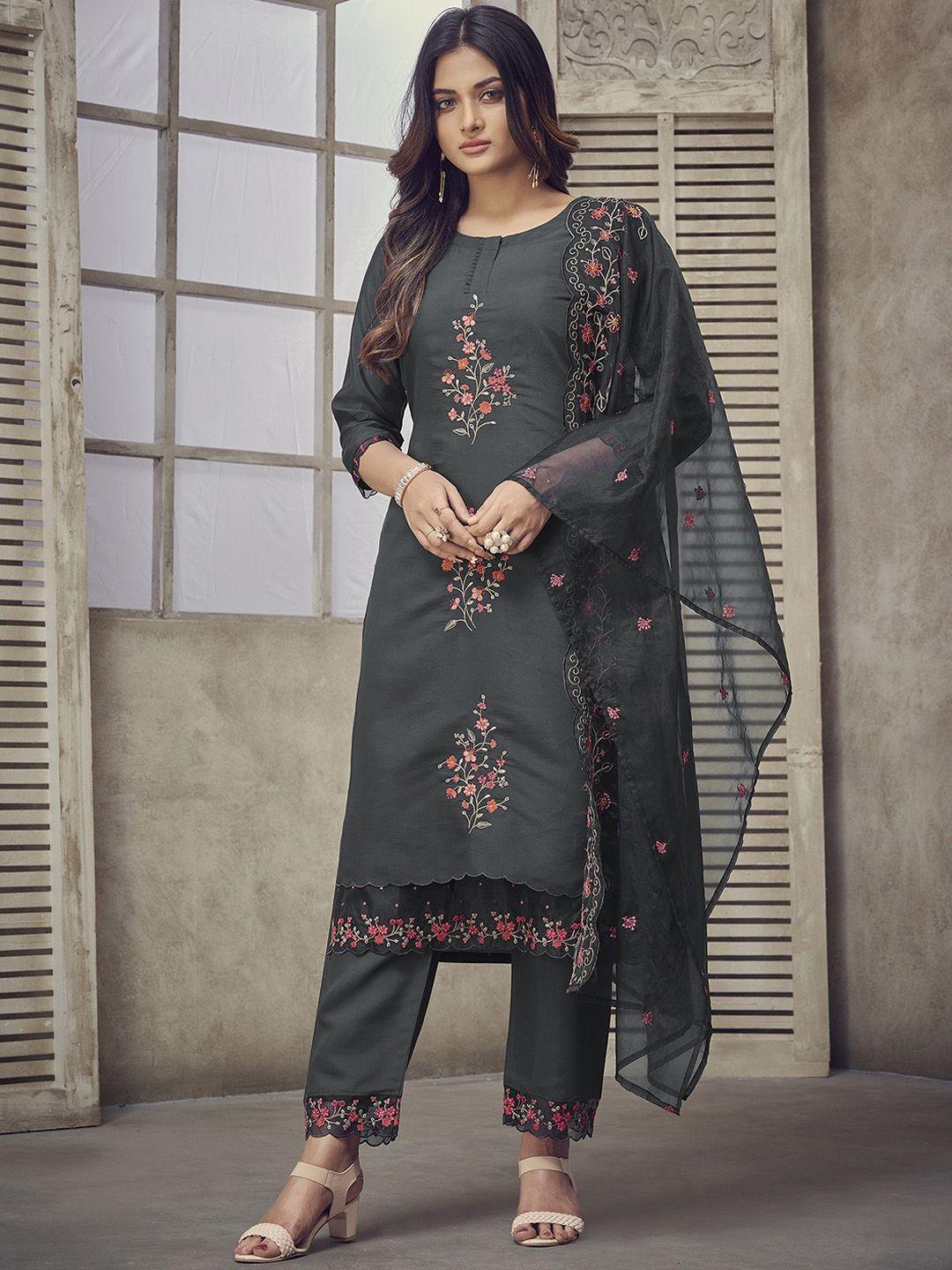 indo era floral embroidered thread work regular kurta with trousers & dupatta