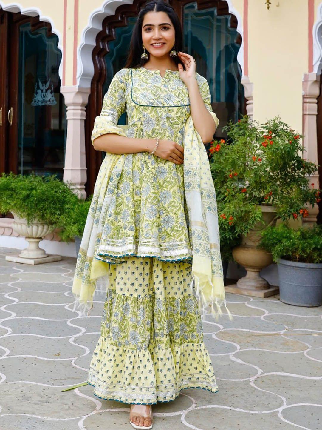 pheeta floral printed a-line pure cotton kurta & sharara with dupatta