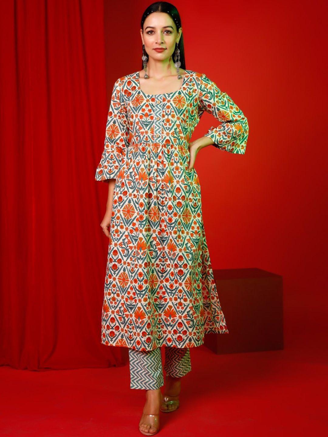 pheeta floral printed bell sleeves gotta patti anarkali pure cotton kurta with trousers