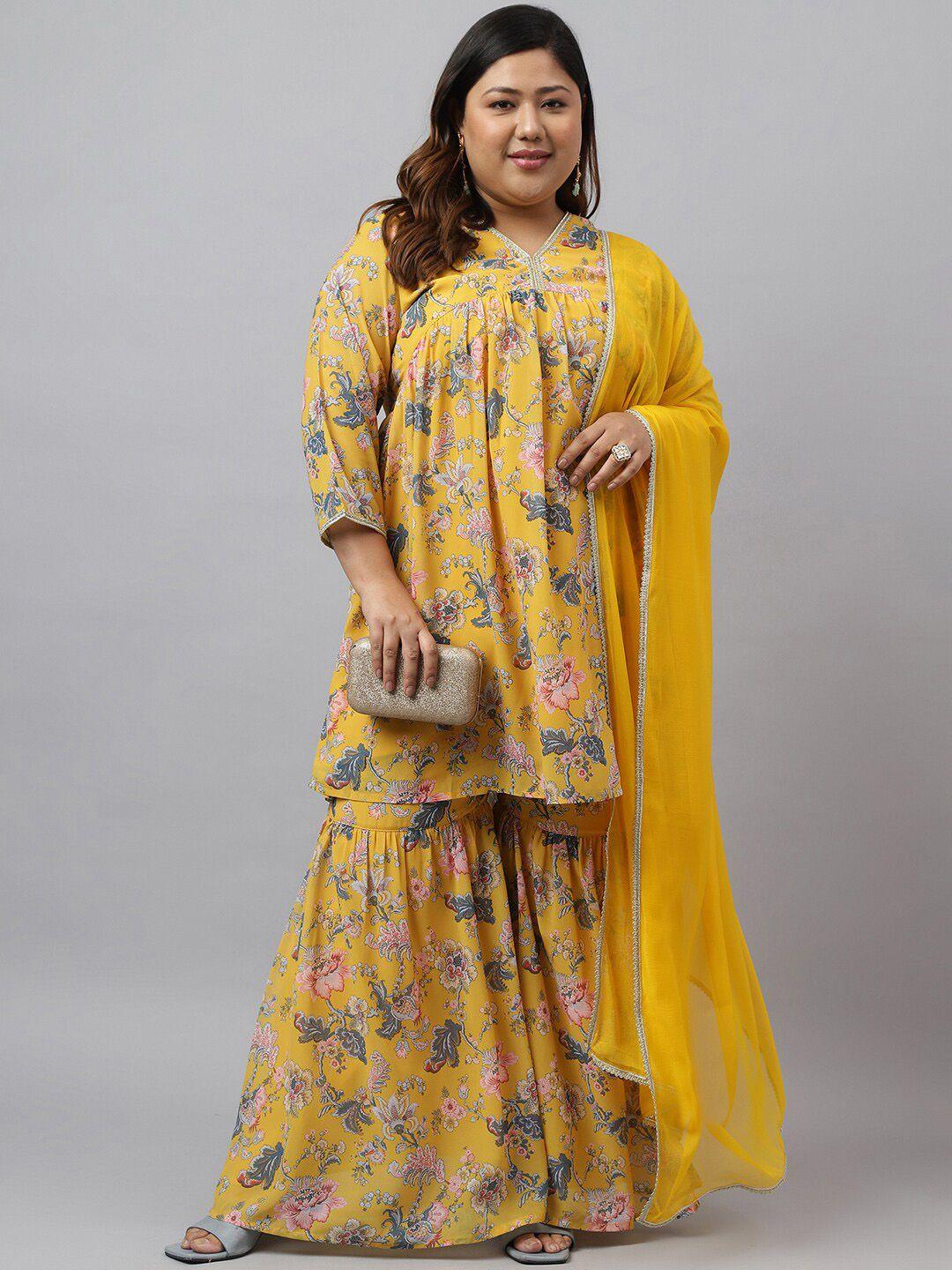 xl love by janasya plus size floral printed gotta patti kurta with sharara & dupatta