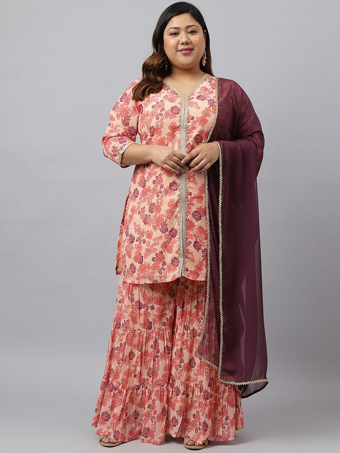 xl love by janasya plus size floral printed gotta patti kurta with sharara & dupatta