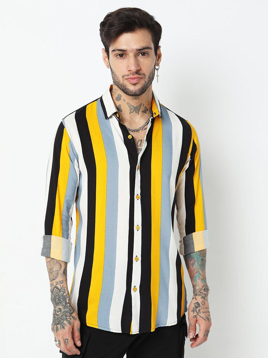 7shores men yellow classic opaque striped casual shirt