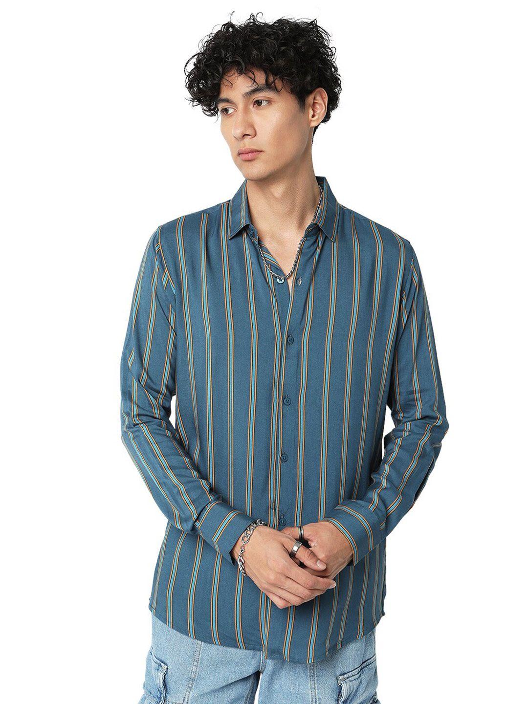 7shores men blue classic opaque striped casual shirt