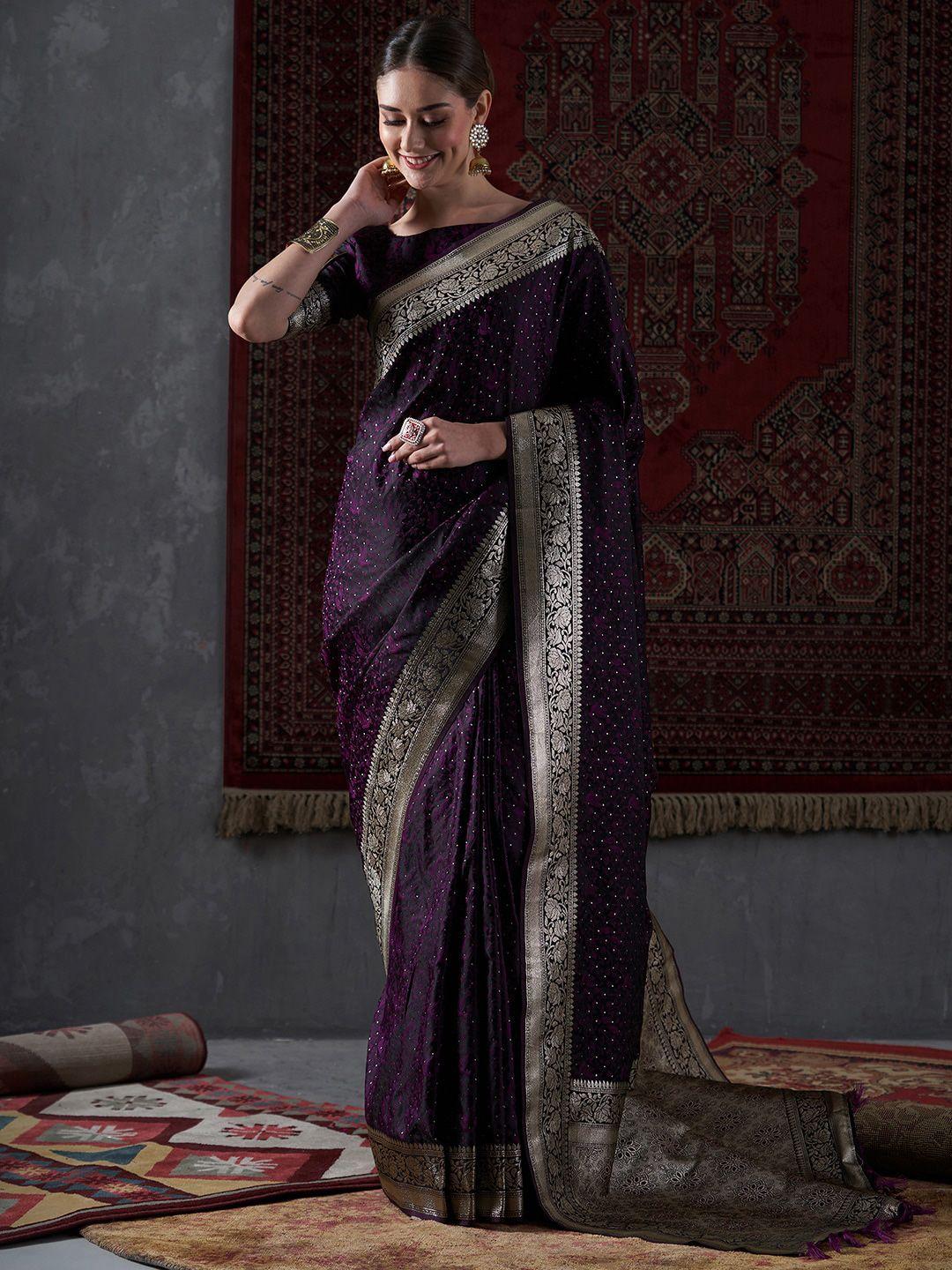 mitera purple & gold-toned ethnic motifs woven design zari satin silk banarasi saree