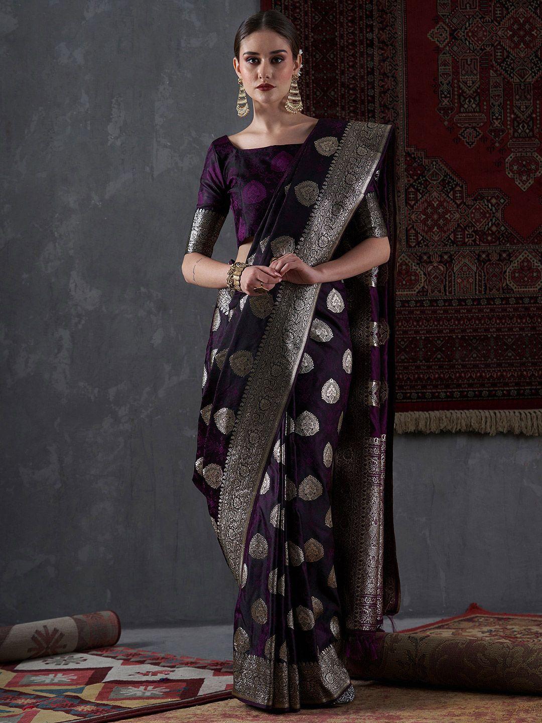 mitera purple & gold-toned ethnic motifs woven design zari satin silk banarasi saree