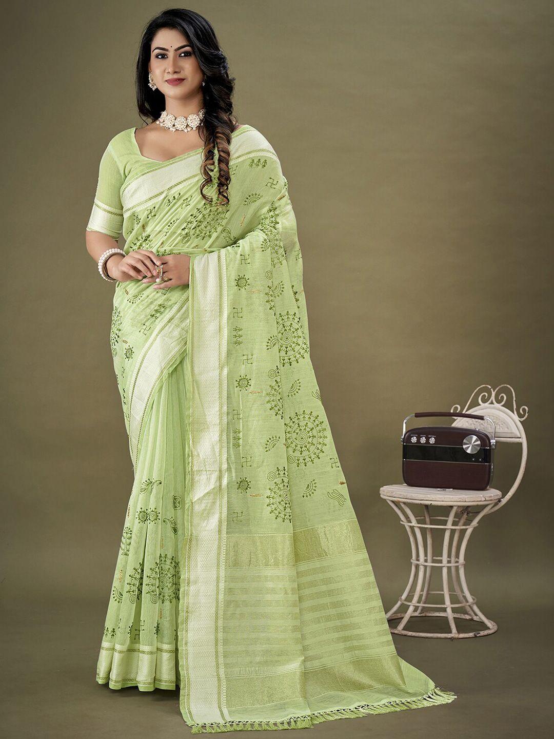 mitera green & gold-toned ethnic motifs embroidered zari saree