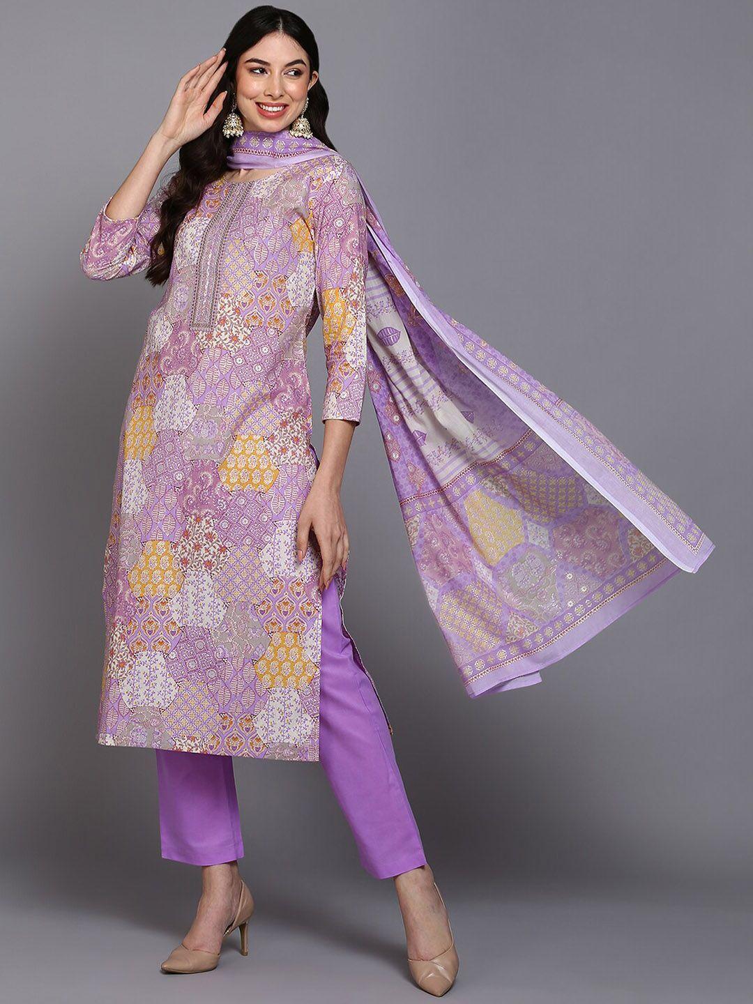 ahika lavender ethnic motifs printed thread work pure cotton kurta with trousers & dupatta