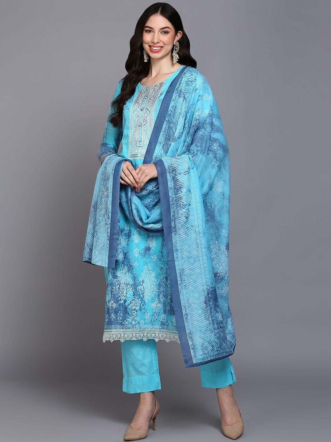 ahika blue ethnic printed thread work pure cotton kurta with trousers & dupatta