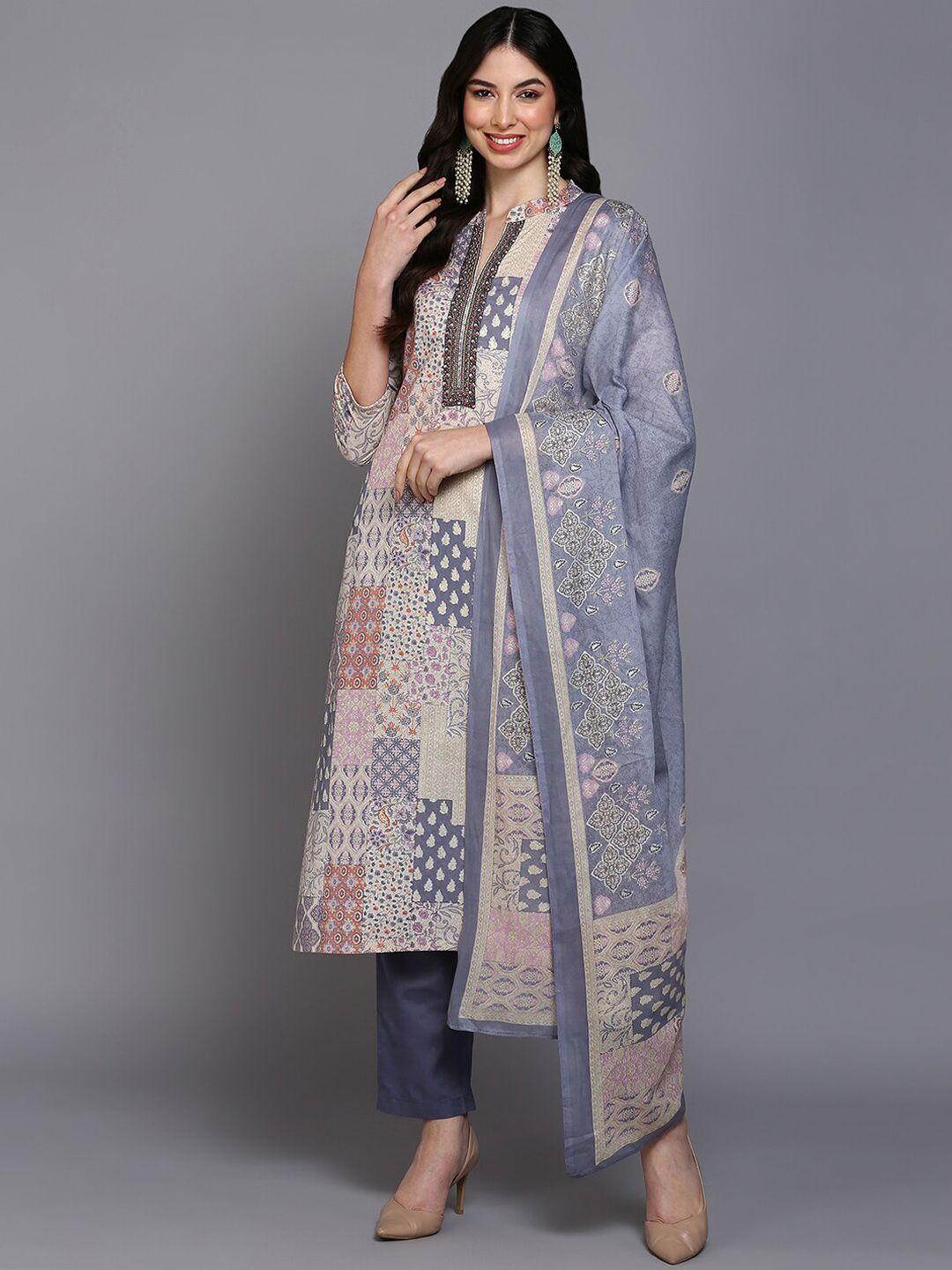 ahika  lavender ethnic printed thread work pure cotton kurta with trousers & dupatta