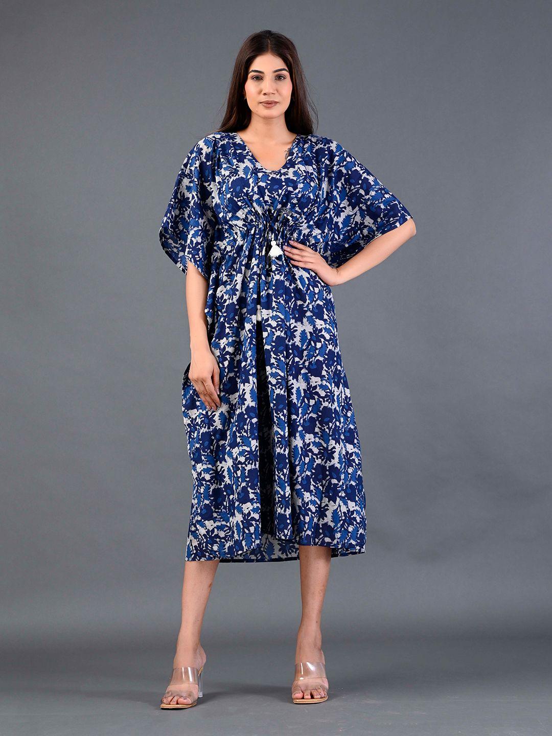 shoolin floral printed flared sleeve gathered pure cotton kaftan midi dress