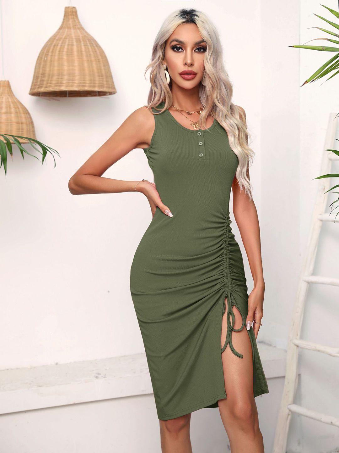 bostreet green self design ruched bodycon dress