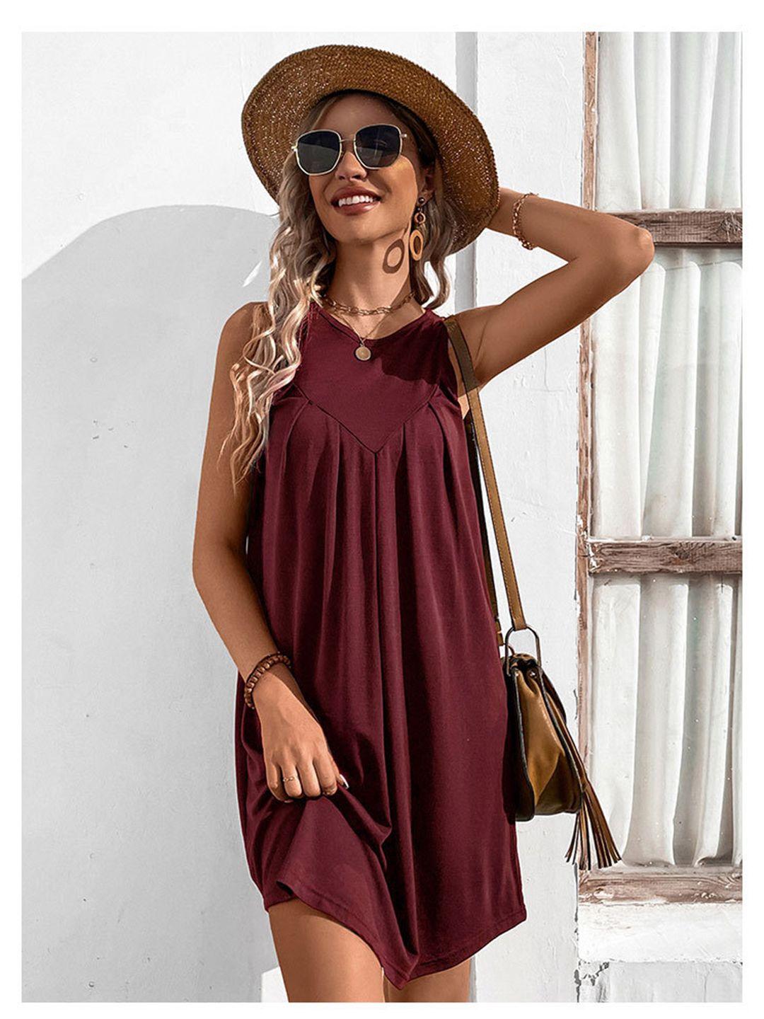 bostreet maroon round neck a-line dress